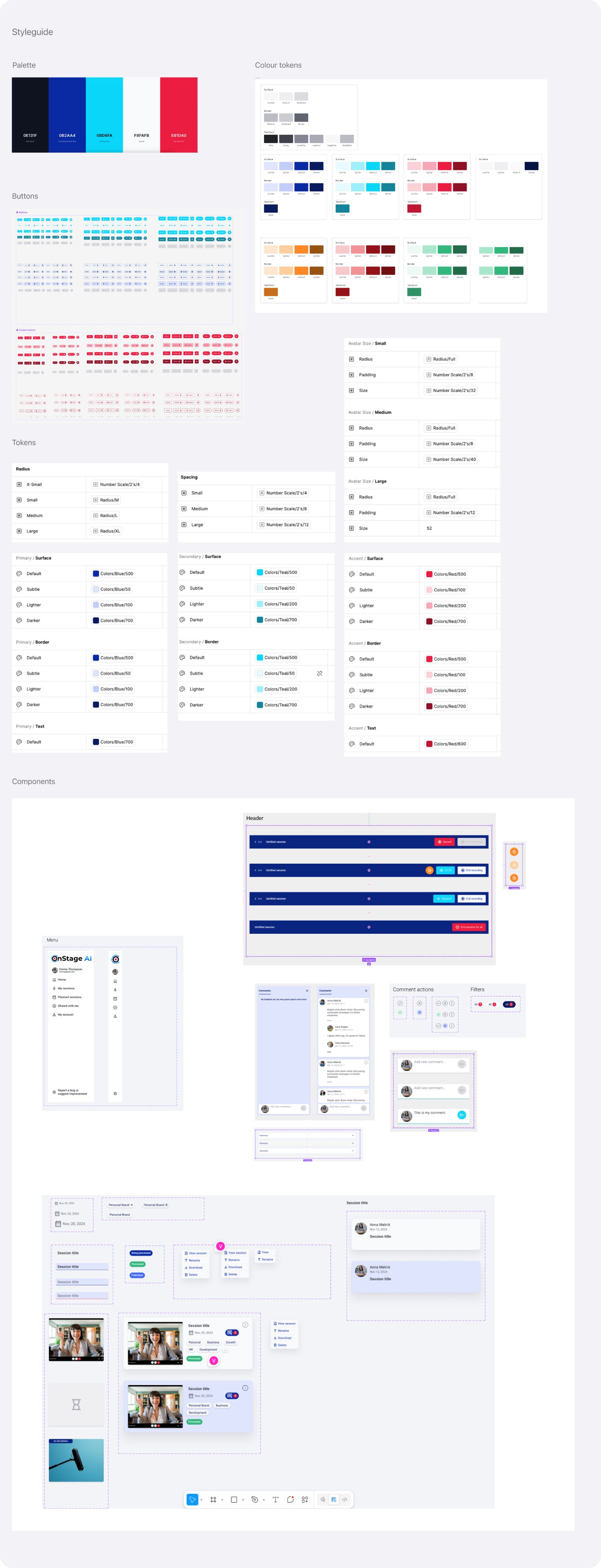 On-stage.ai styleguide: palette, colour tokens, buttons, tokens and components